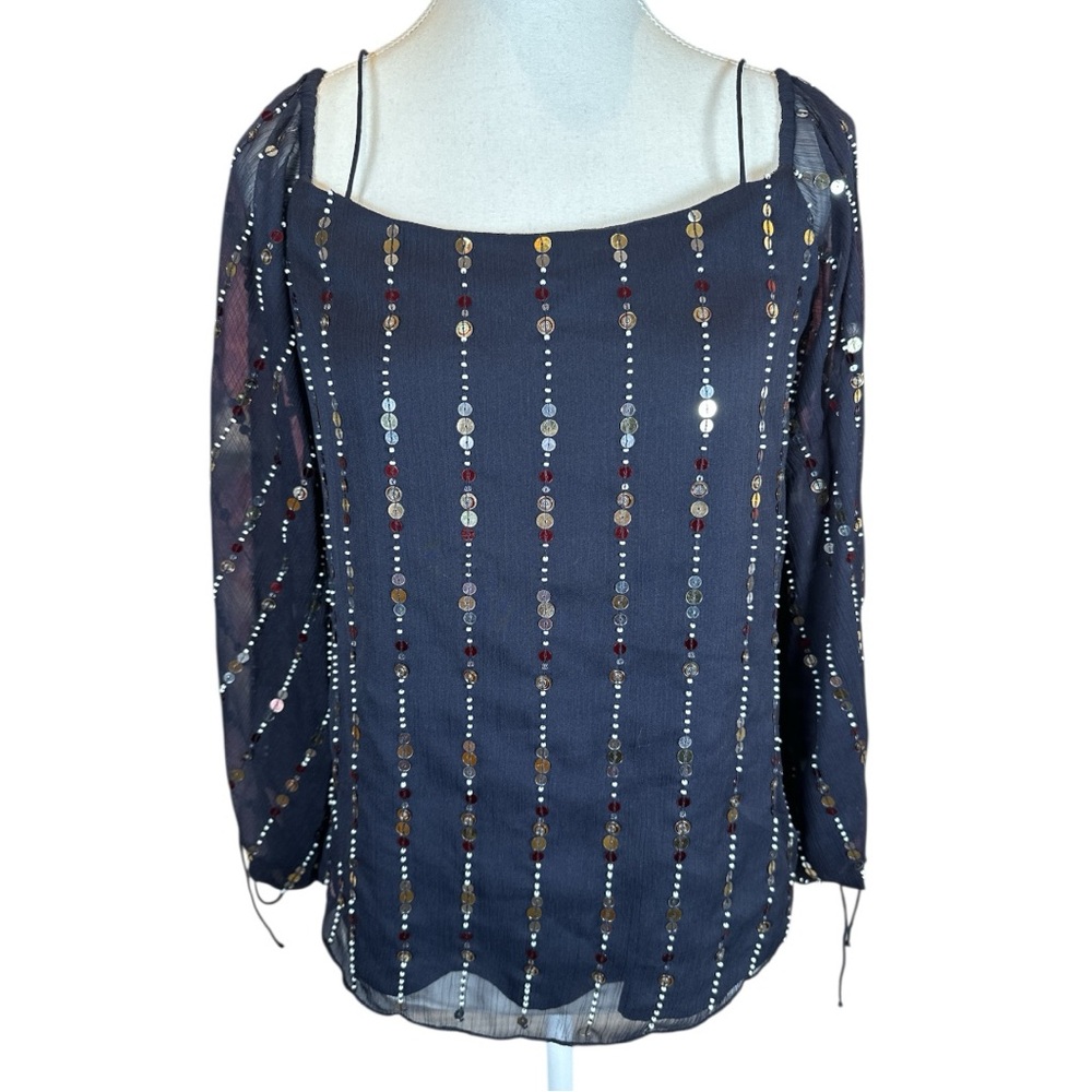 Tularosa Sequin Embellished Blue Blouse with Long Sleeves